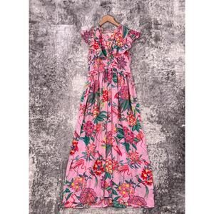 BANJANAN Dress Small Womens 100% Silk Pink Floral Ruffle Maxi